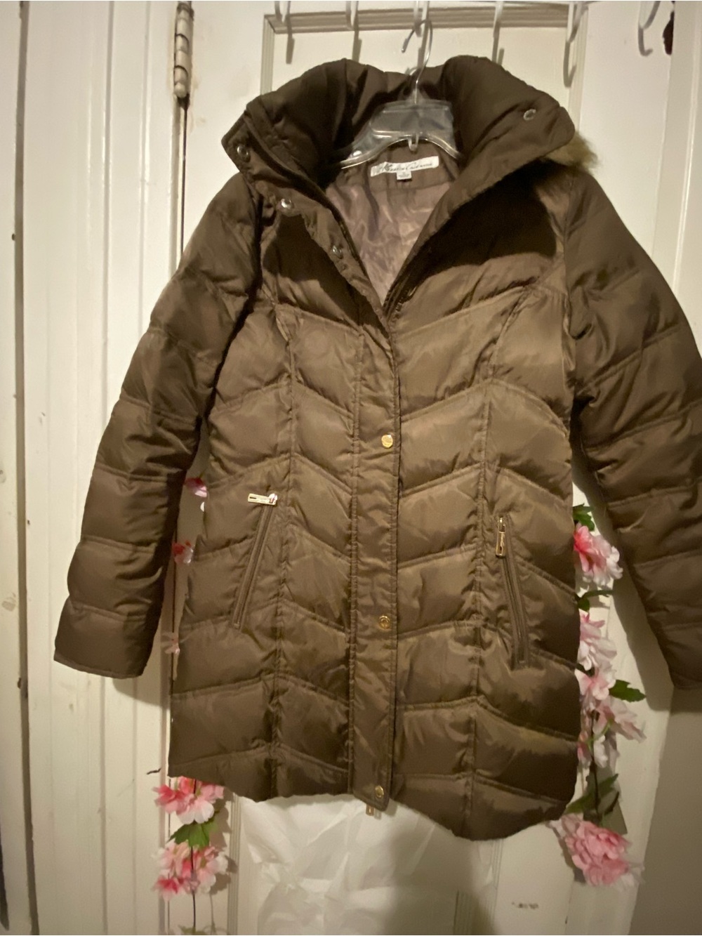 Kenneth Cole New York Olive Brown Quilted Puffer Coat with Hood